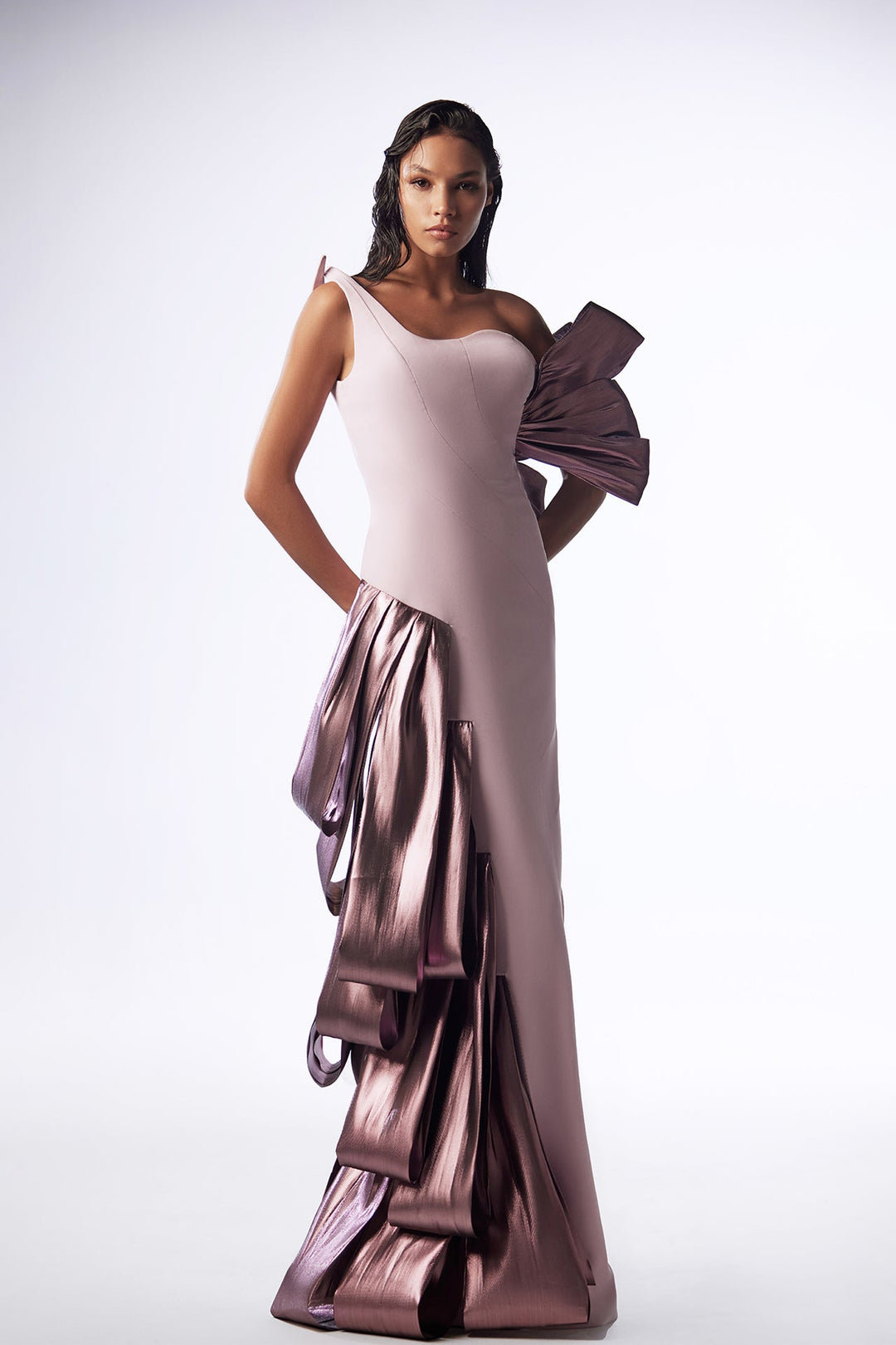 Crepe Asymmetric Mermaid Dress with Draping