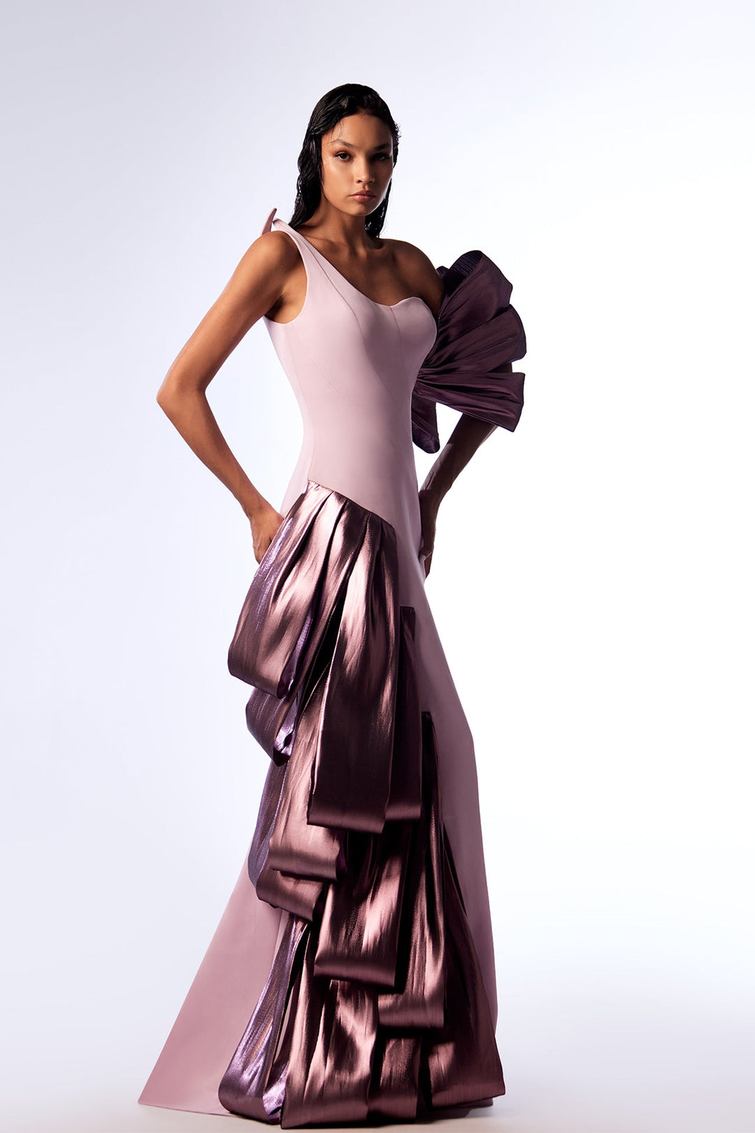 Crepe Asymmetric Mermaid Dress with Draping