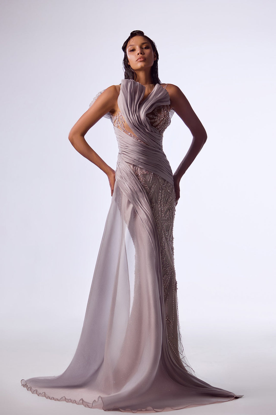 Lace Sleeveless Fitted Dress with Organza Draping