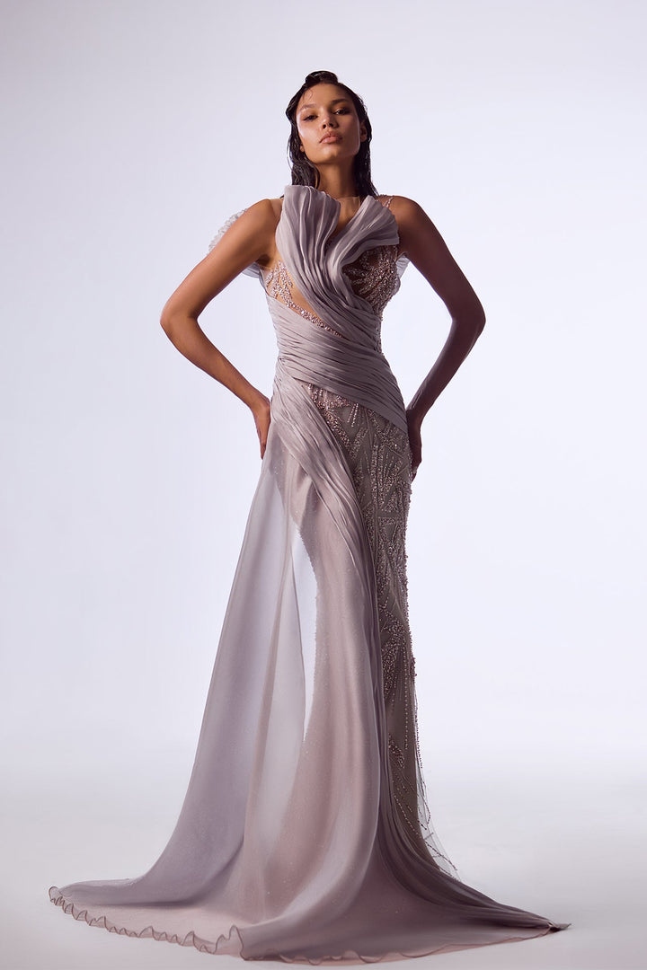 Lace Sleeveless Fitted Dress with Organza Draping