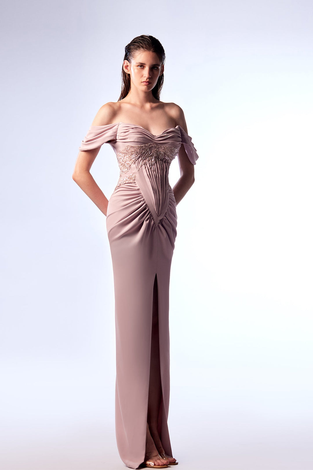 Draped crepe dress with lace details Pink / US 6 Draped crepe dress with lace details Pink / US 6
