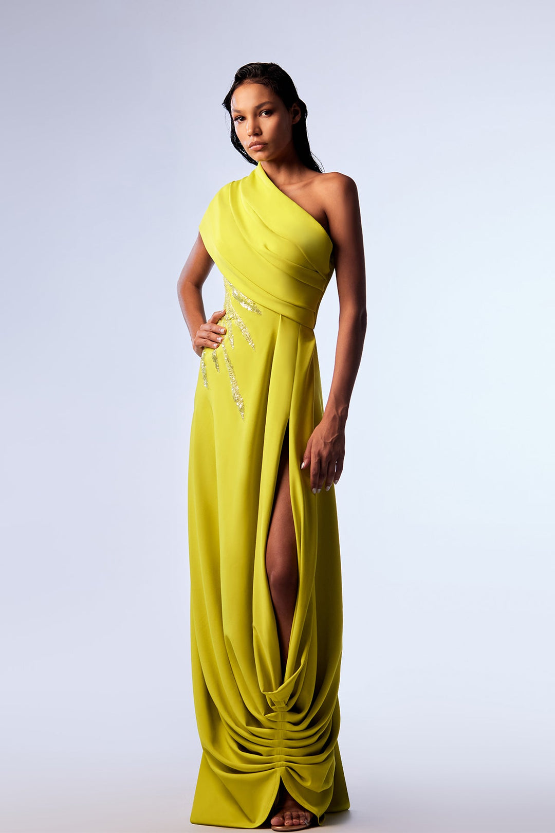 crepe one shoulder dress Stretch Crepe One Shoulder Mermaid Gown With Bow Accent In Hot Pink