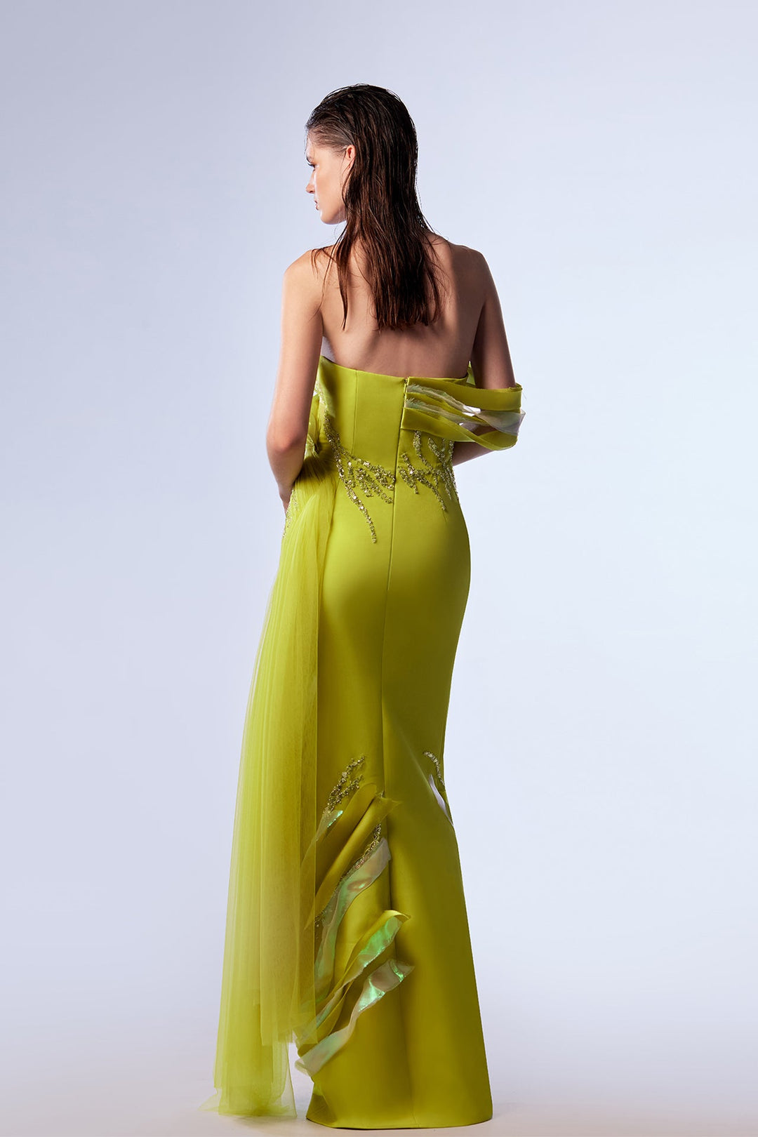 Crepe One-Shoulder Dress with Lace and Organza Detailing