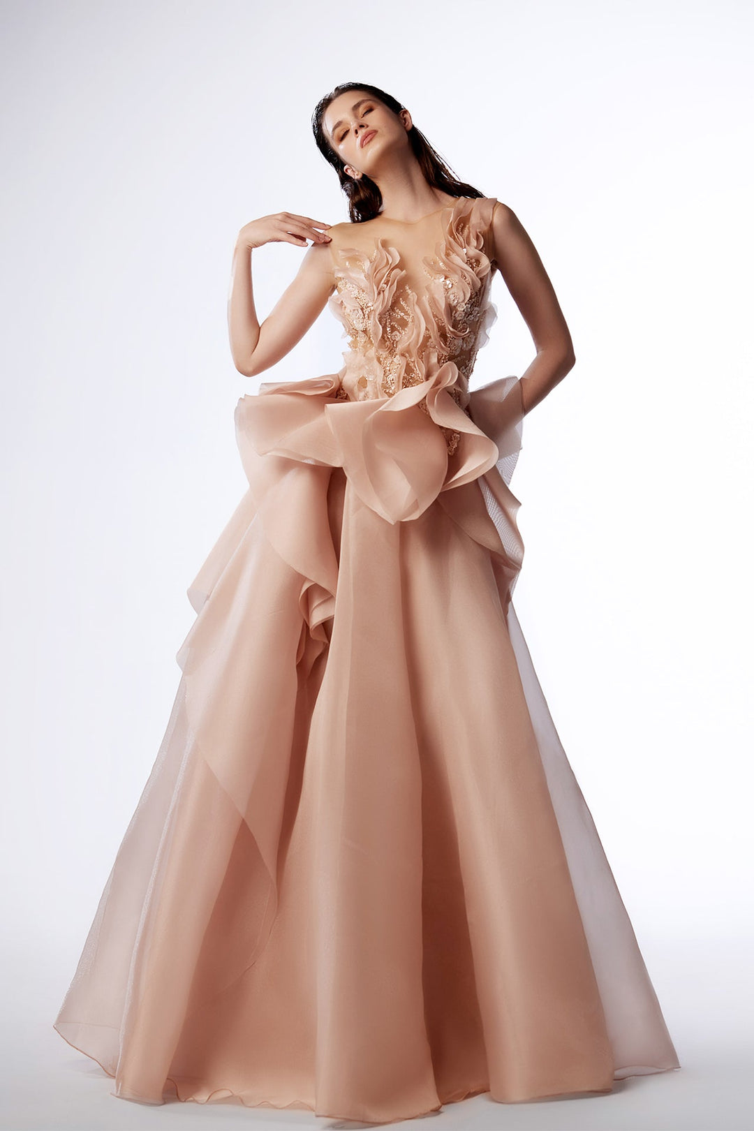 Embroidered Organza Dress with Ruffles Pink / US 14 Embroidered Organza Dress with Ruffles Pink / US 14