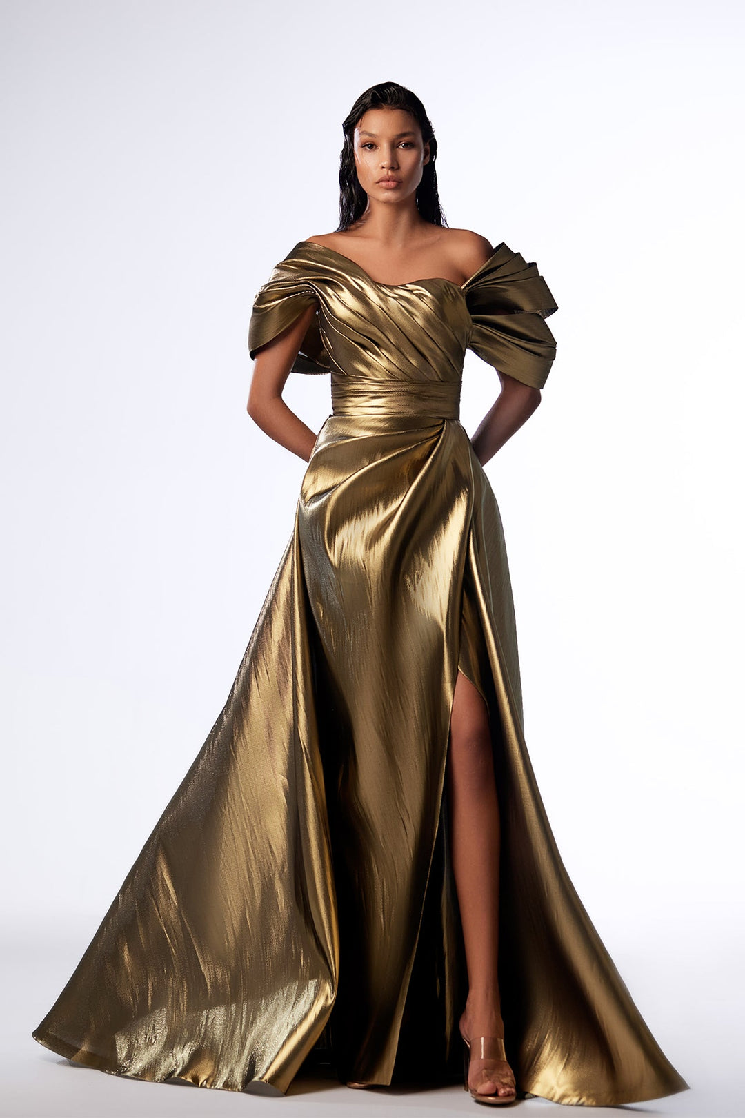 Metallic Gold Off-the-Shoulder Draped Straight-Cut Dress Metallic Gold Off-the-Shoulder Draped Straight-Cut Dress