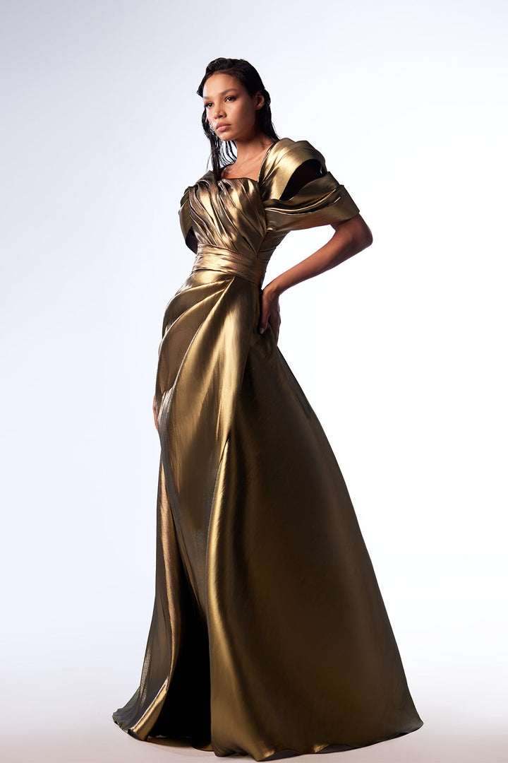Metallic Gold Off-the-Shoulder Draped Straight-Cut Dress