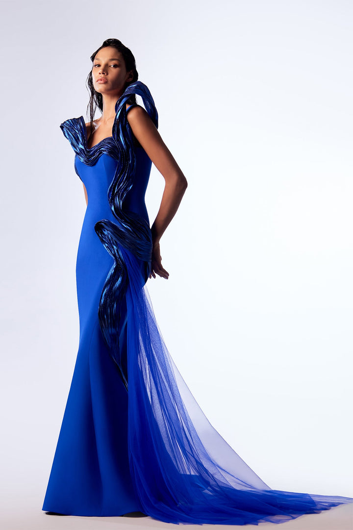 Crepe Mermaid Dress with Draping and Tulle Train