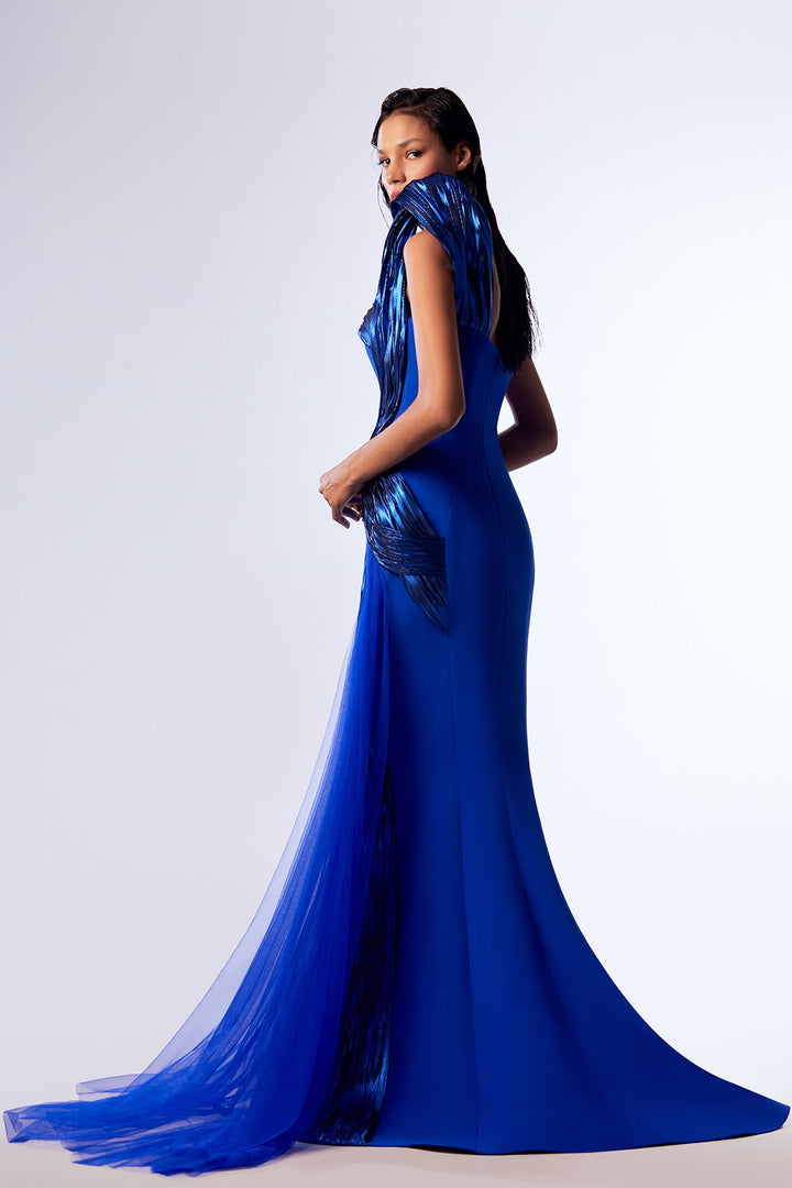 Crepe Mermaid Dress with Draping and Tulle Train