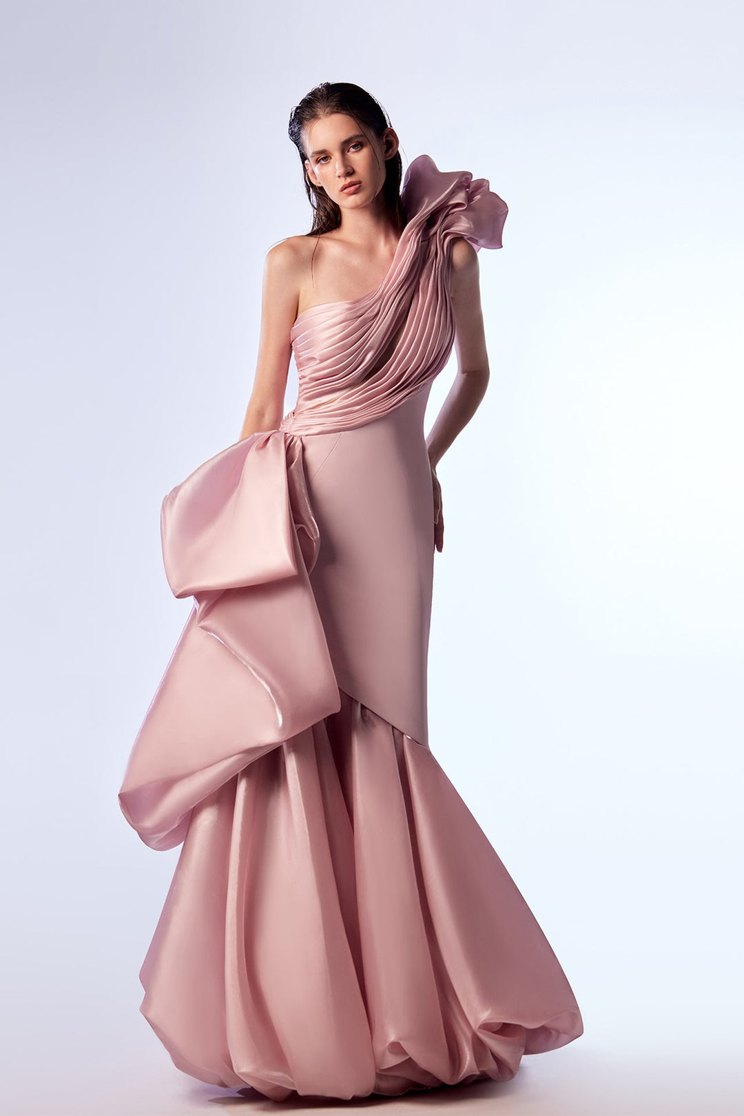 Crepe and Organza Draped Asymmetric Mermaid Dress