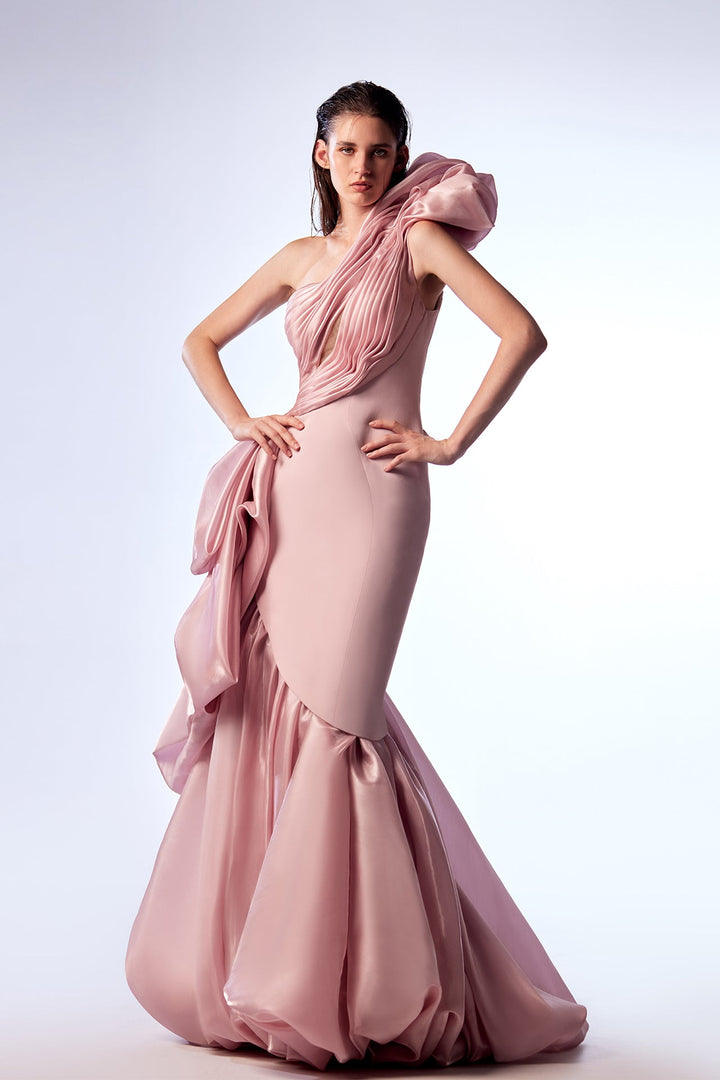 Crepe and Organza Draped Asymmetric Mermaid Dress