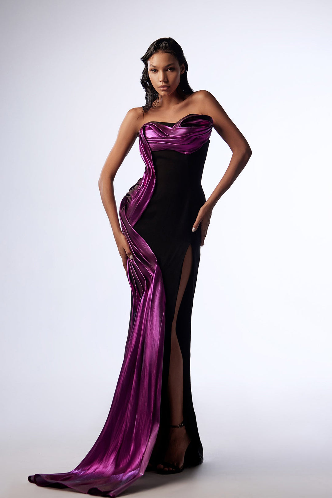 Crepe Strapless Fitted Dress with Metallic Draping