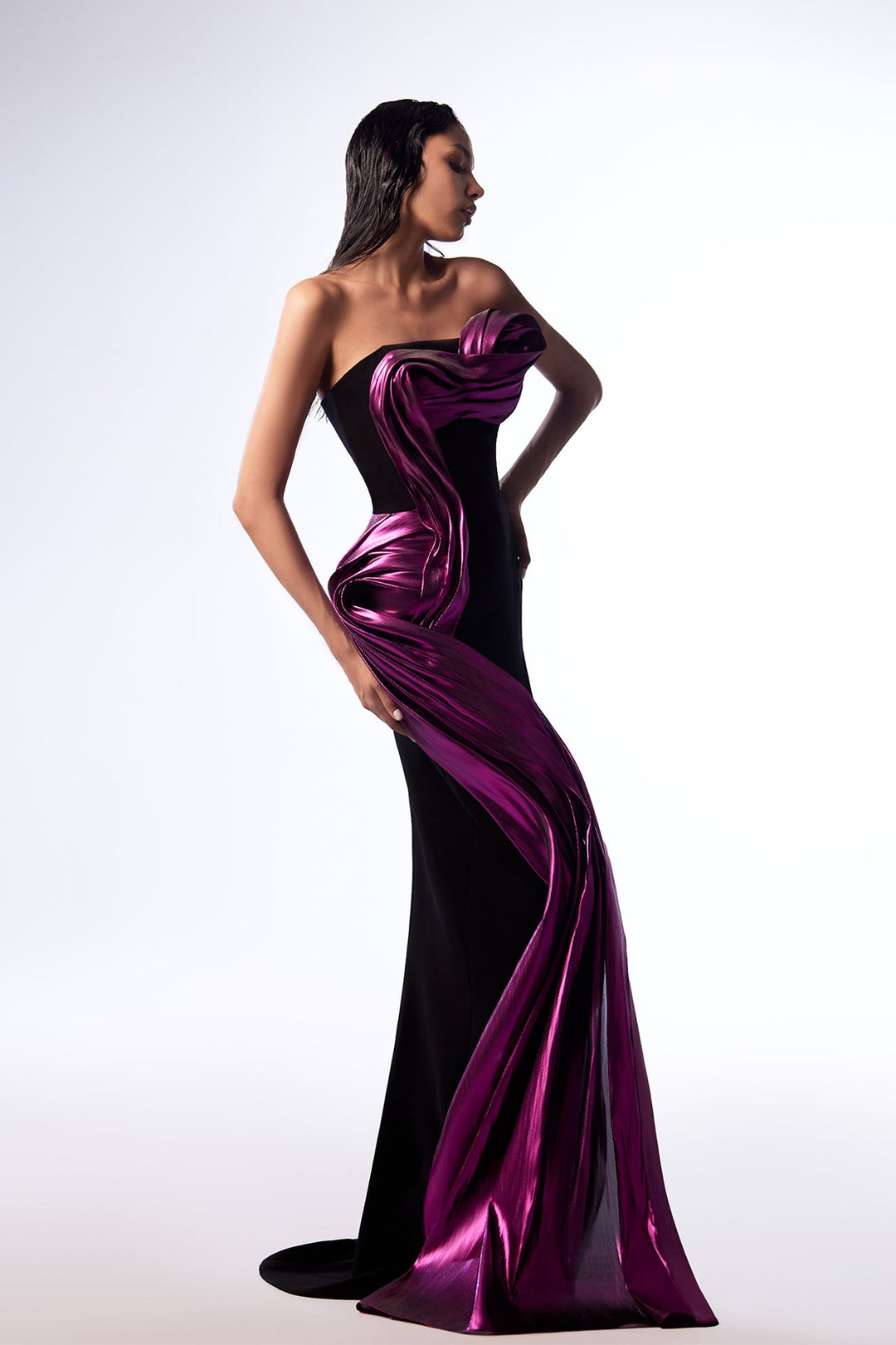 Crepe Strapless Fitted Dress with Metallic Draping