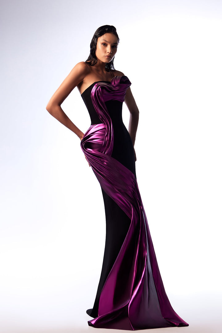 Crepe Strapless Fitted Dress with Metallic Draping