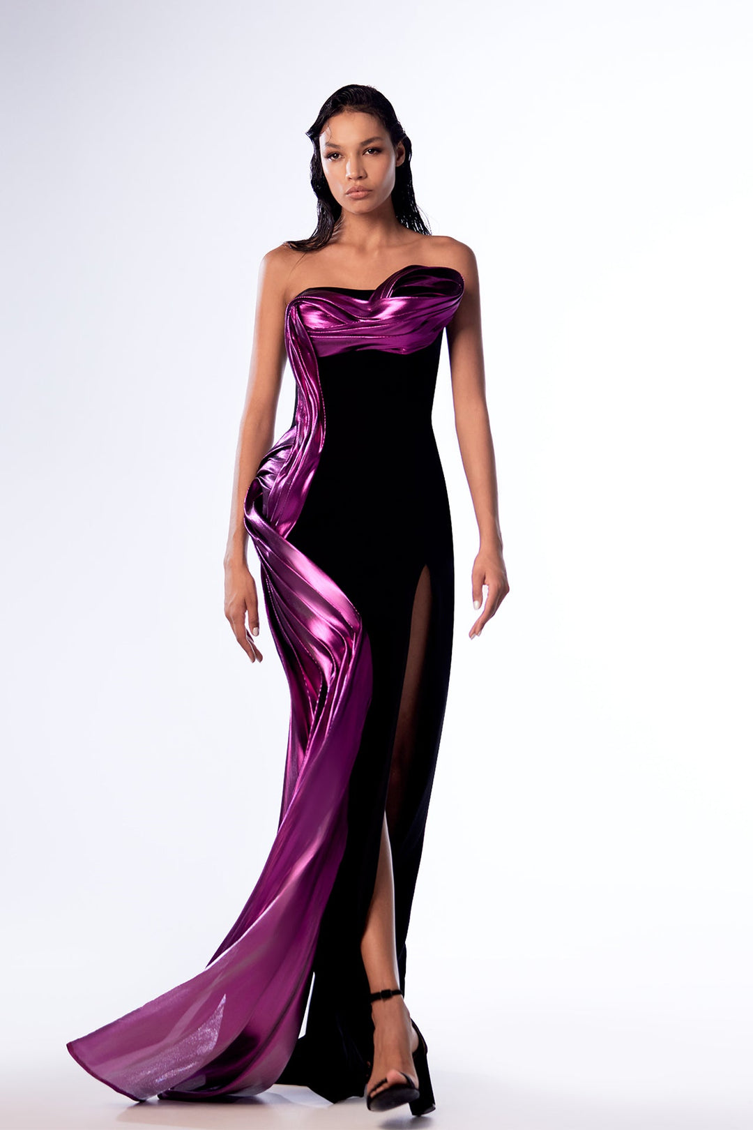 Crepe Strapless Fitted Dress with Metallic Draping