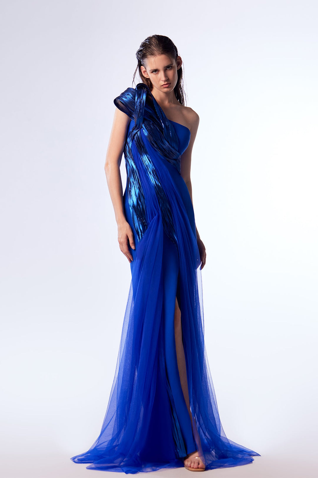 Crepe Strapless Dress with Metallic and Tulle Draping