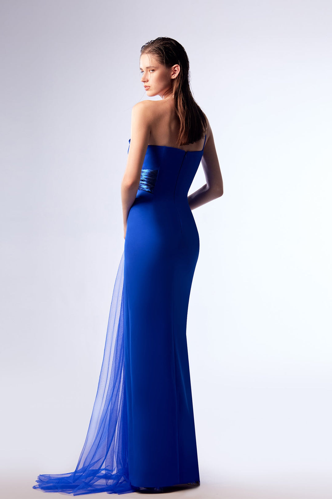 Crepe Strapless Dress with Metallic and Tulle Draping