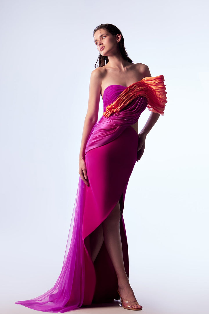 Crepe One-Shoulder Dress with Organza Draping