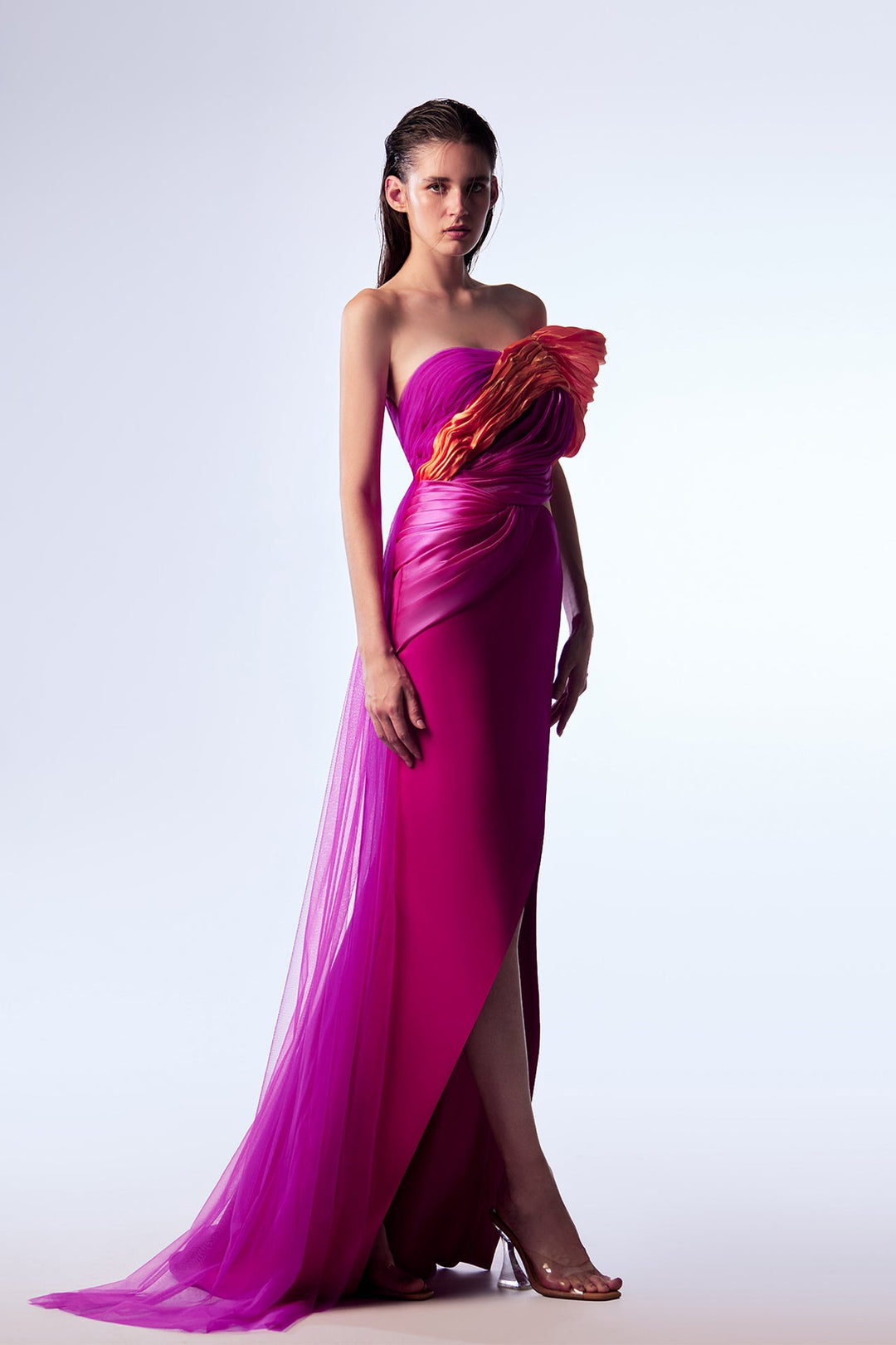 Crepe One-Shoulder Dress with Organza Draping