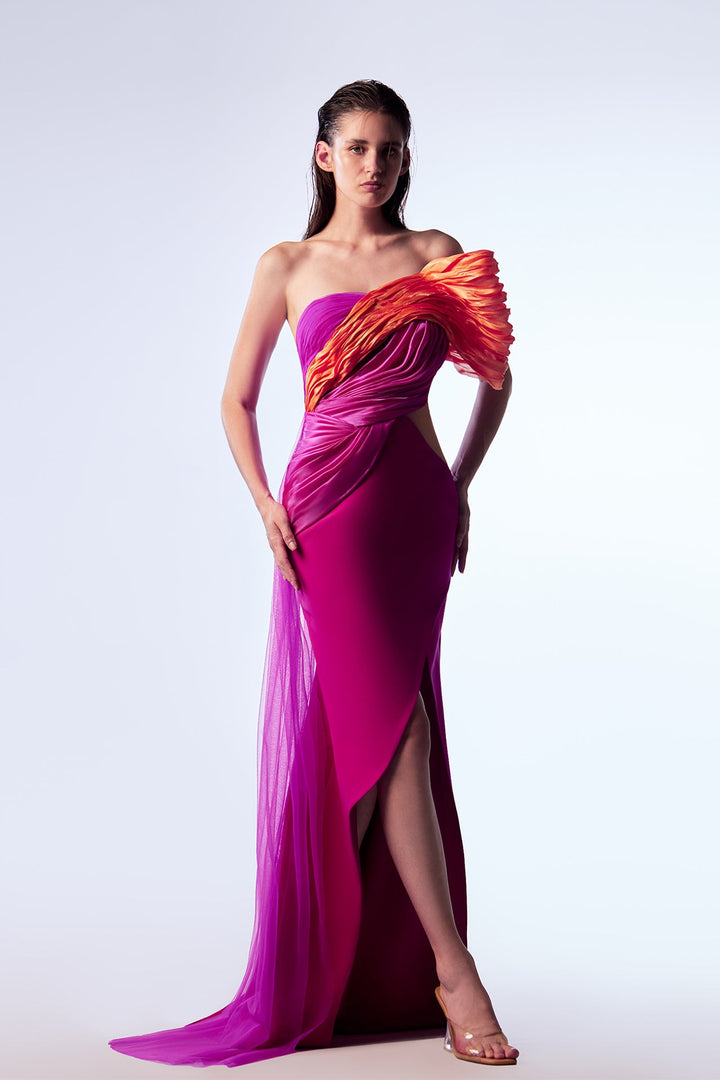 Crepe One-Shoulder Dress with Organza Draping