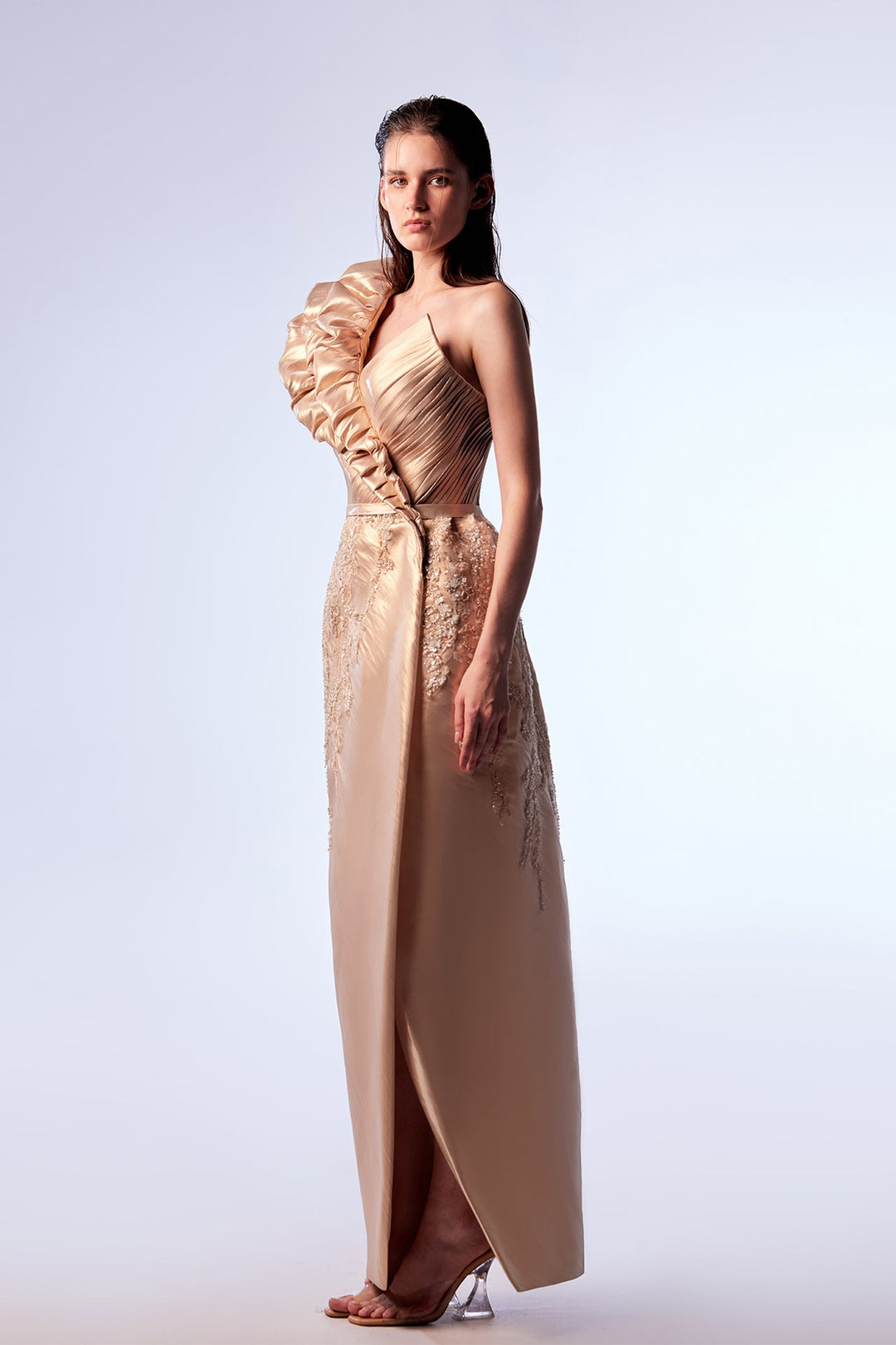 One-Shoulder Column Dress with Lace Embroidery