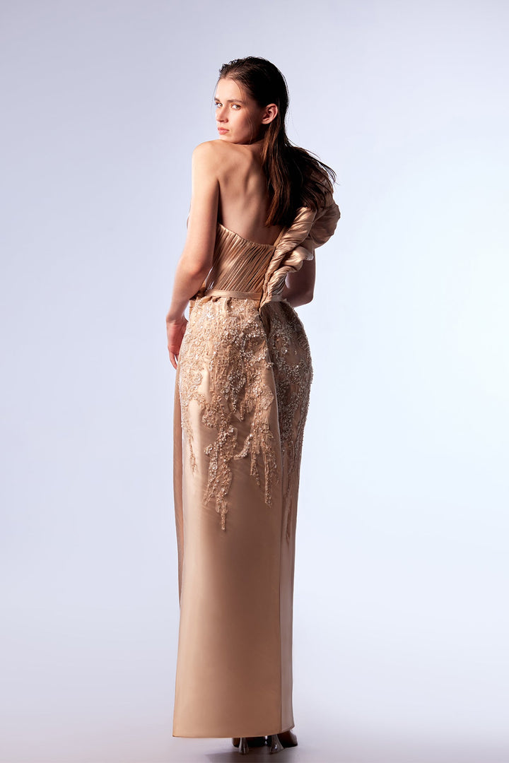 One-Shoulder Column Dress with Lace Embroidery