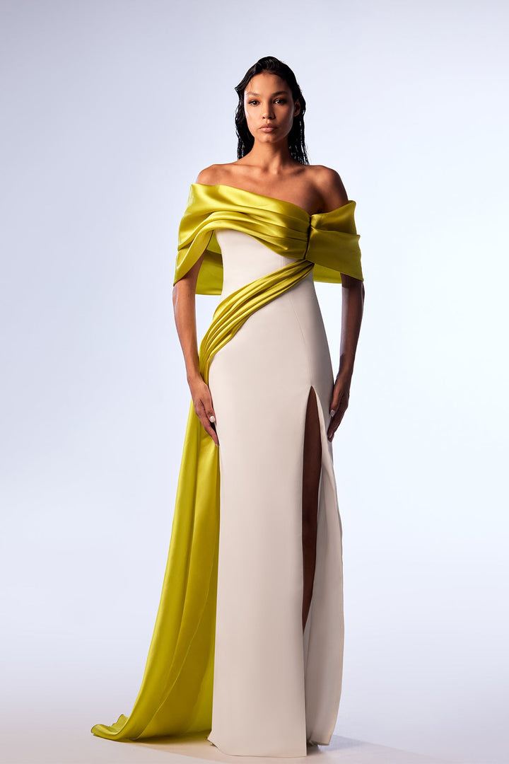 Crepe Off-The-Shoulder Dress with Organza Draping