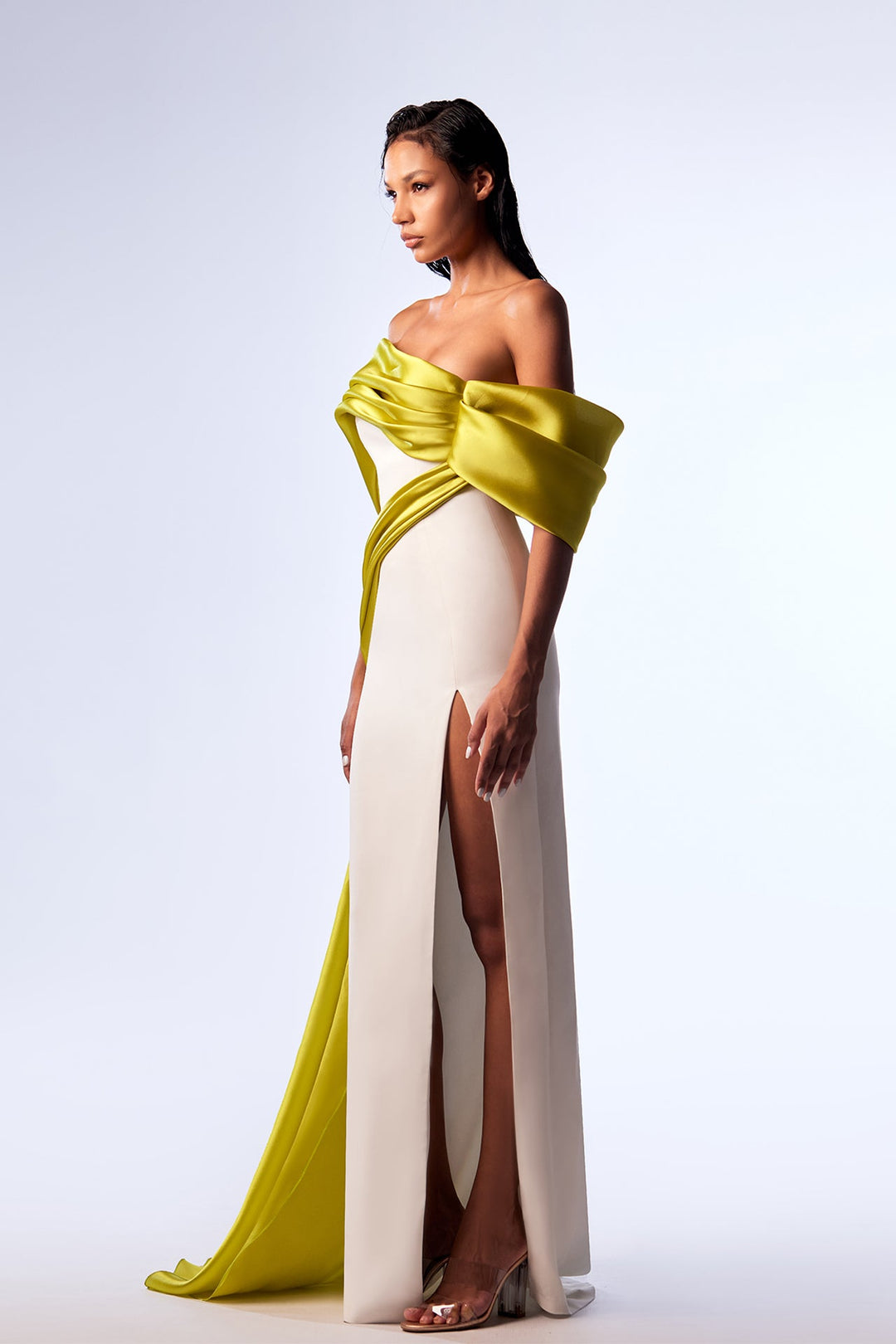 Crepe Off-The-Shoulder Dress with Organza Draping