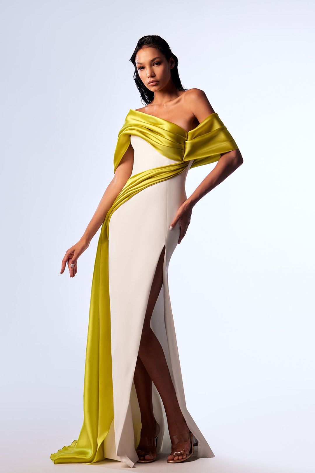 Crepe Off-The-Shoulder Dress with Organza Draping