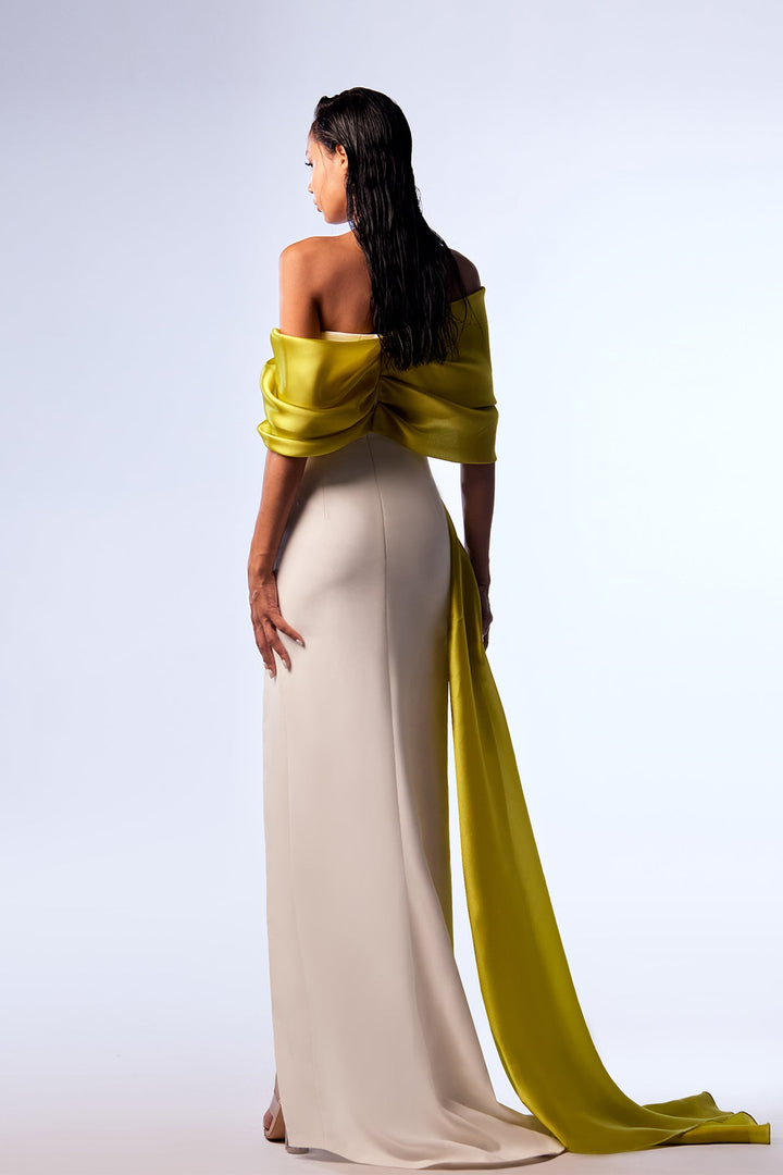 Crepe Off-The-Shoulder Dress with Organza Draping