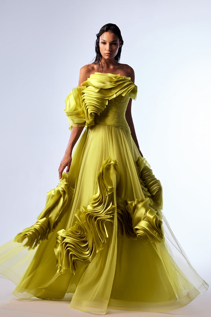 Tulle and Organza One-Shoulder Draped A-line Dress