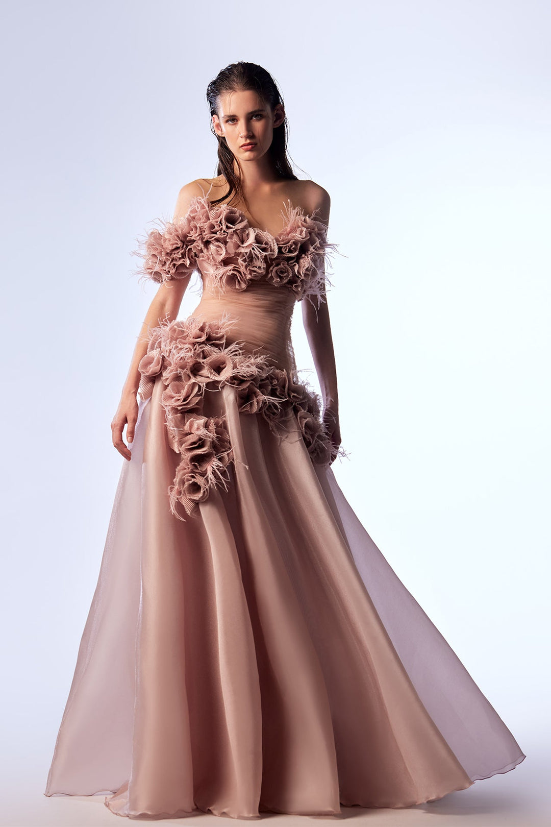 Tulle Dress Adorned with Floral Appliques Pink / US 8 Tulle Dress Adorned with Floral Appliques Pink / US 8