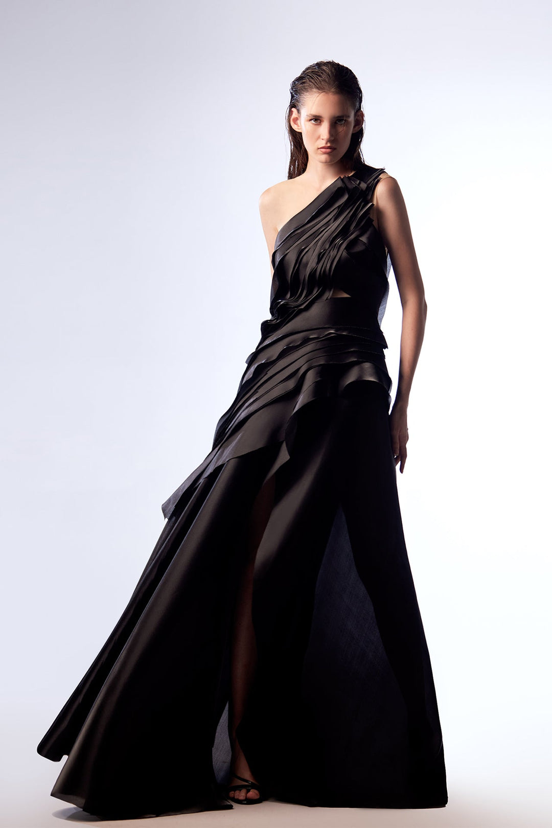 asymmetric organza dress Organza Asymmetric Draped Dress Black / US 12