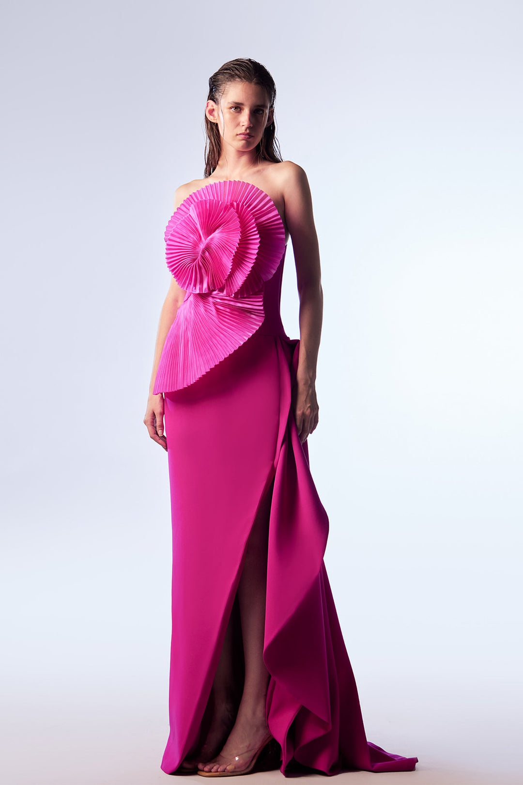 Crepe Straight-Cut Dress with Pleated Organza Ruffles