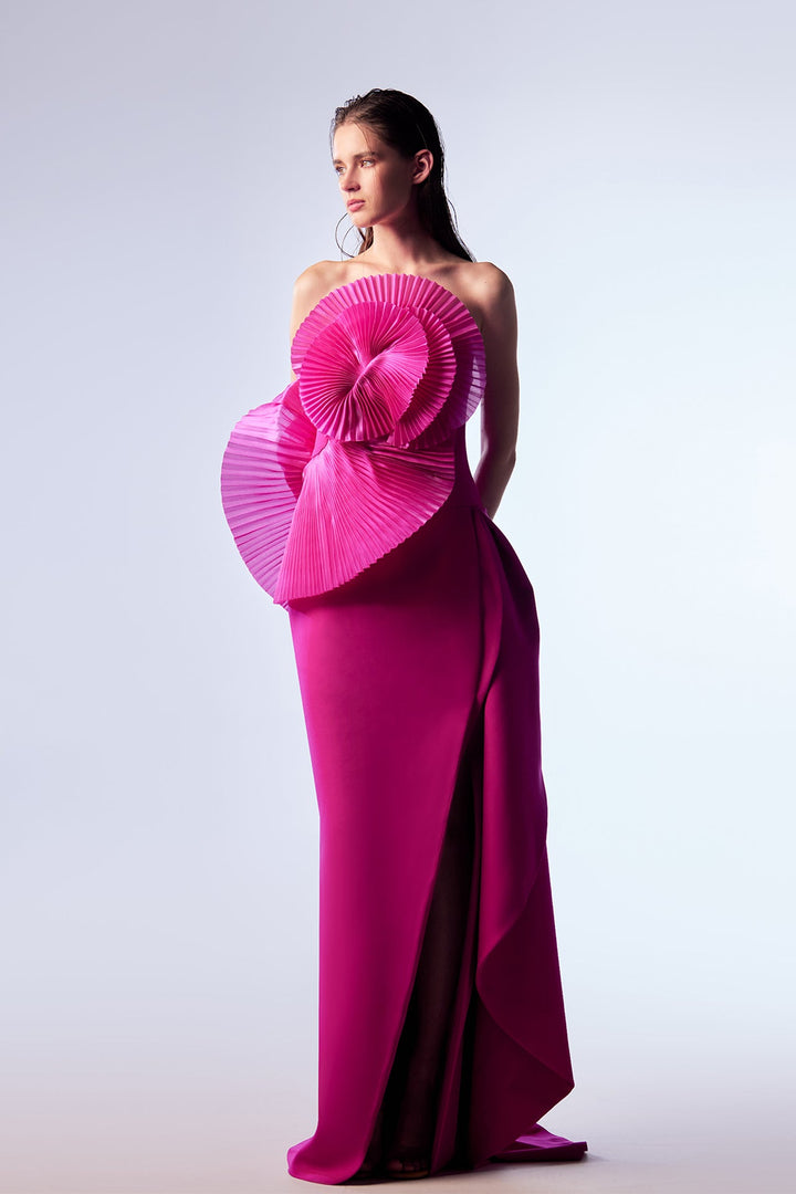 Crepe Straight-Cut Dress with Pleated Organza Ruffles