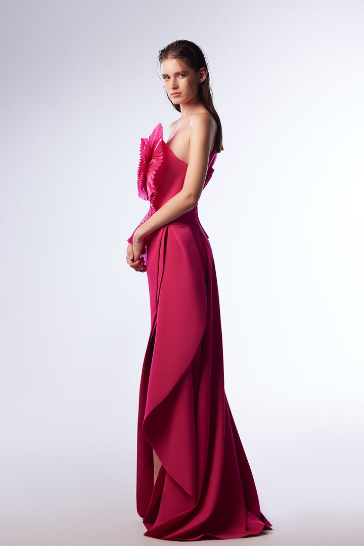 Crepe Straight-Cut Dress with Pleated Organza Ruffles