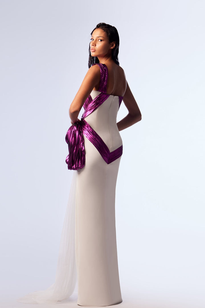 Crepe Straight-Cut Dress with Organza and Tulle Detailing