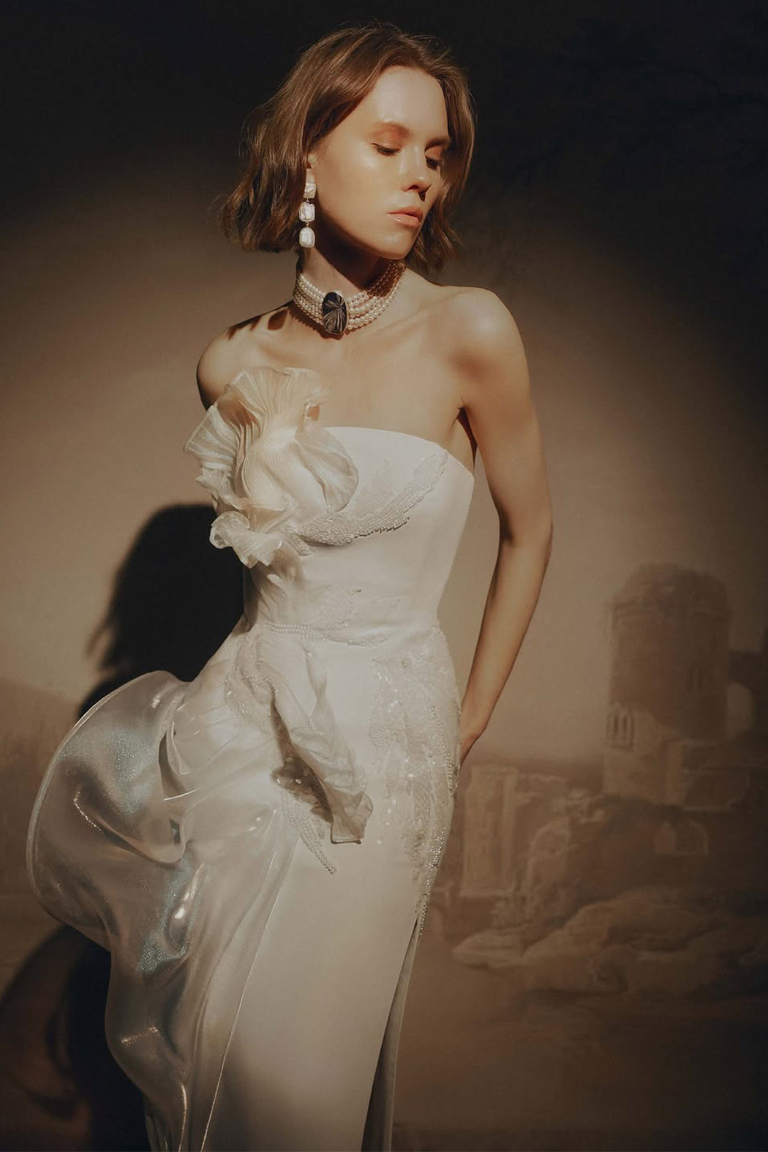 Strapless Dress with Floral Embellishment and 3D Plissé