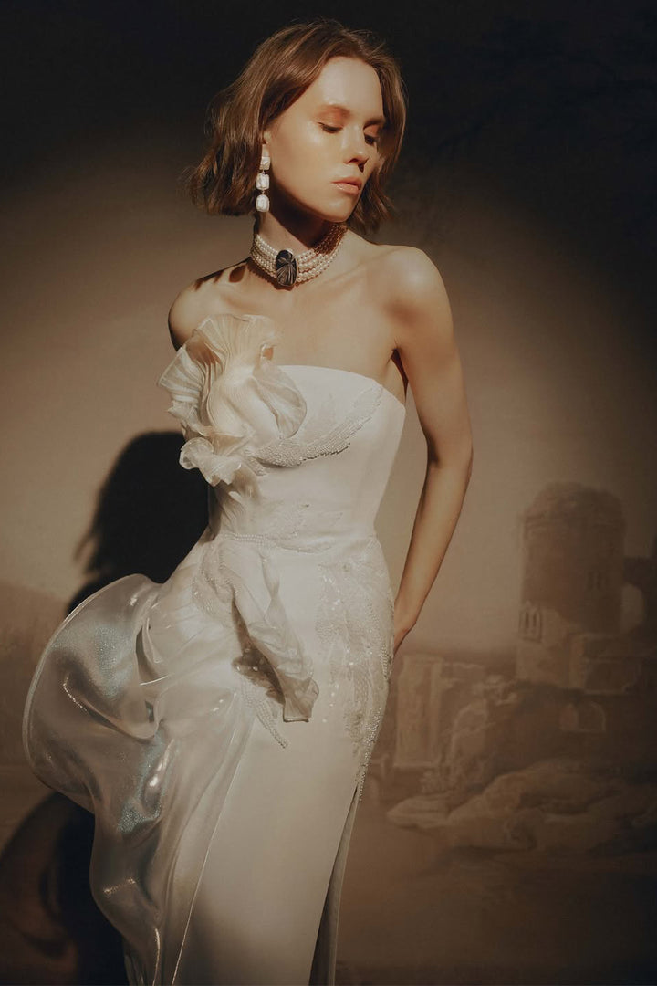 Strapless Dress with Floral Embellishment and 3D Plissé