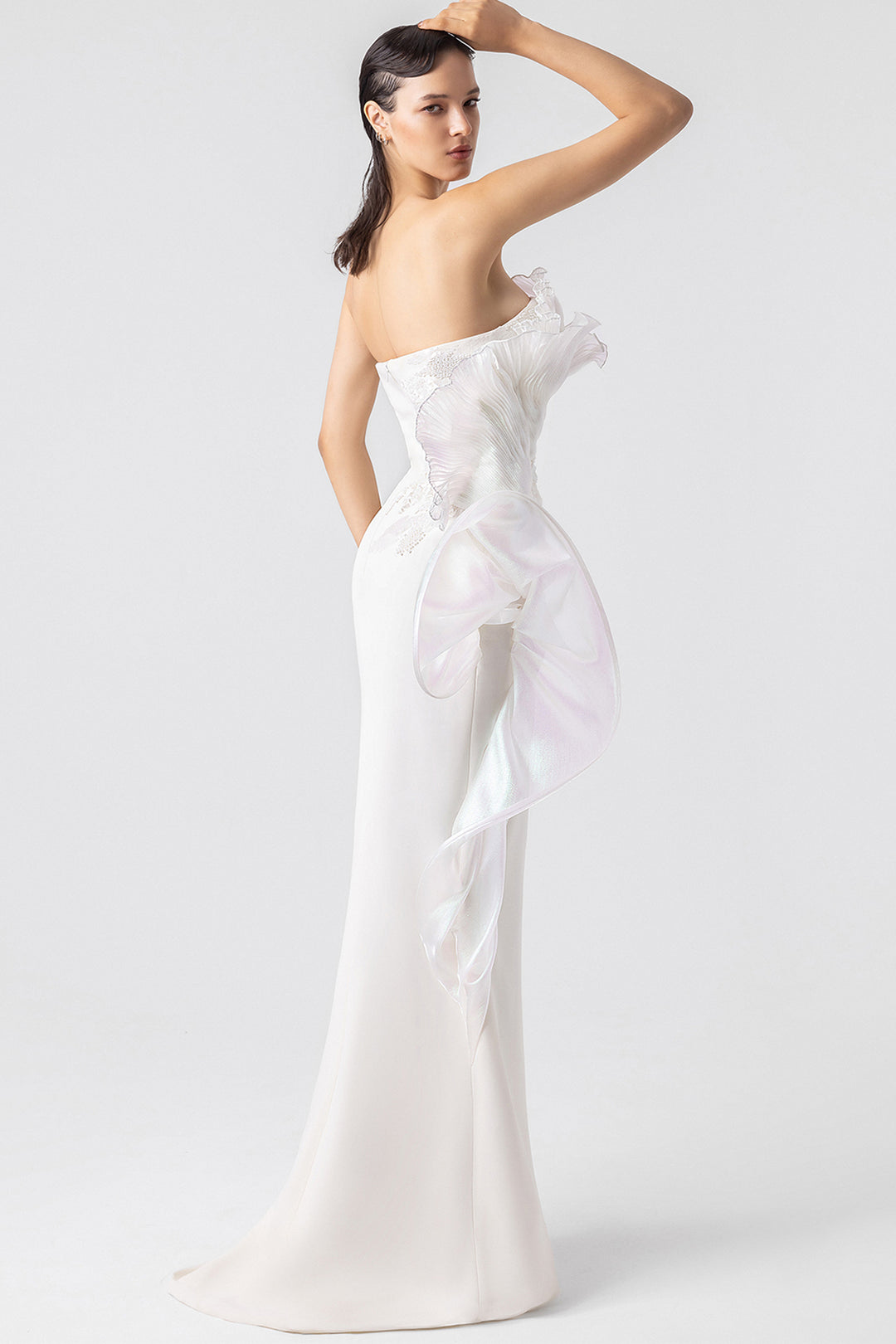 Strapless Dress with Floral Embellishment and 3D Plissé