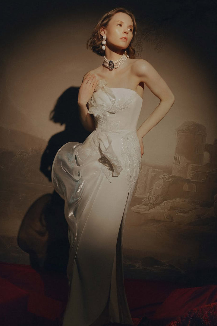 Strapless Dress with Floral Embellishment and 3D Plissé