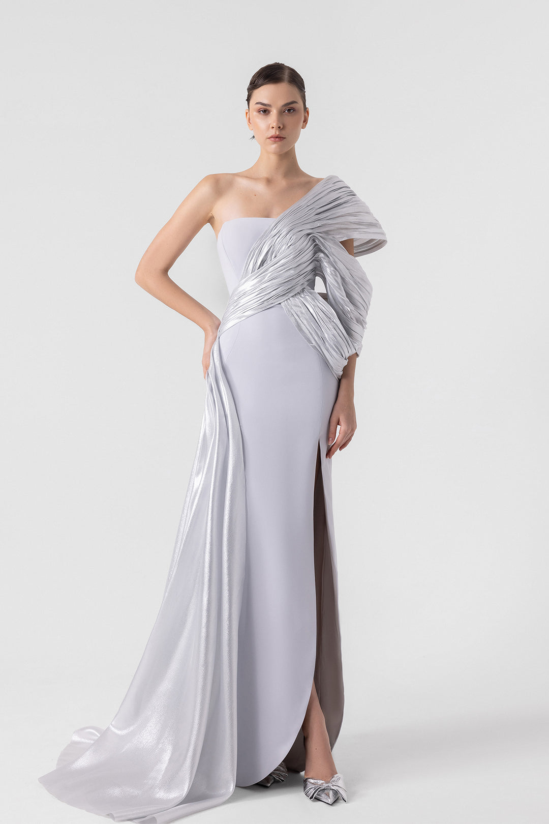 Off Shoulder Lame Organza And Crepe Gown Silver / US 10 Off Shoulder Lame Organza And Crepe Gown Silver / US 10