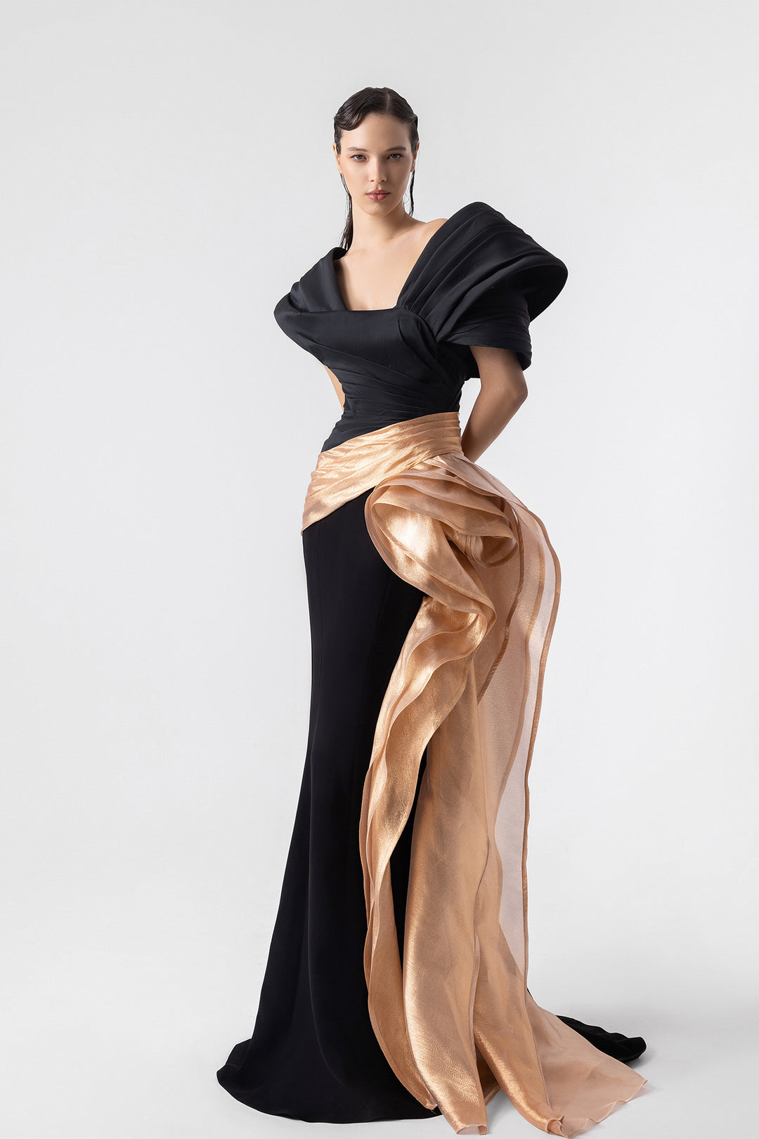 Asymmetrical Crepe Dress with Gold Lam Adornment M.R DESIGN Asymmetrical Crepe Dress with Gold Lam Adornment M.R DESIGN