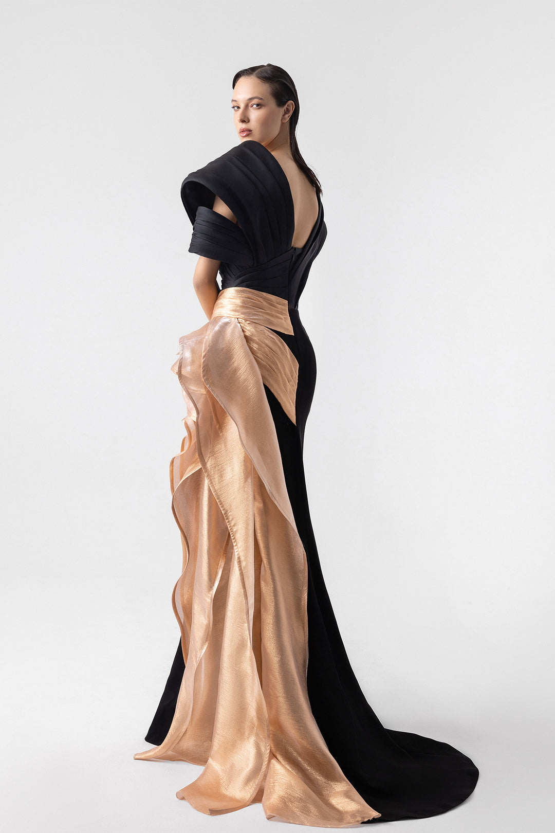 Asymmetrical Crepe Dress with Gold Lam Adornment M.R DESIGN Asymmetrical Crepe Dress with Gold Lam Adornment M.R DESIGN