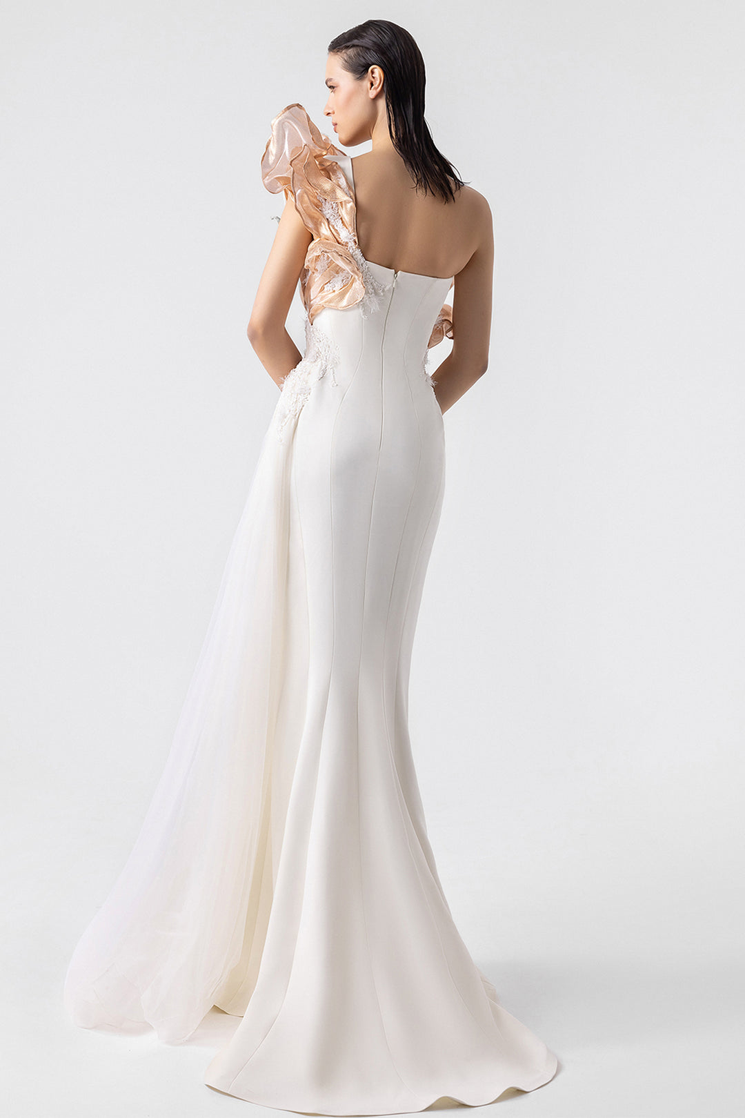 One-Shoulder Mermaid Dress with Sheer Tulle