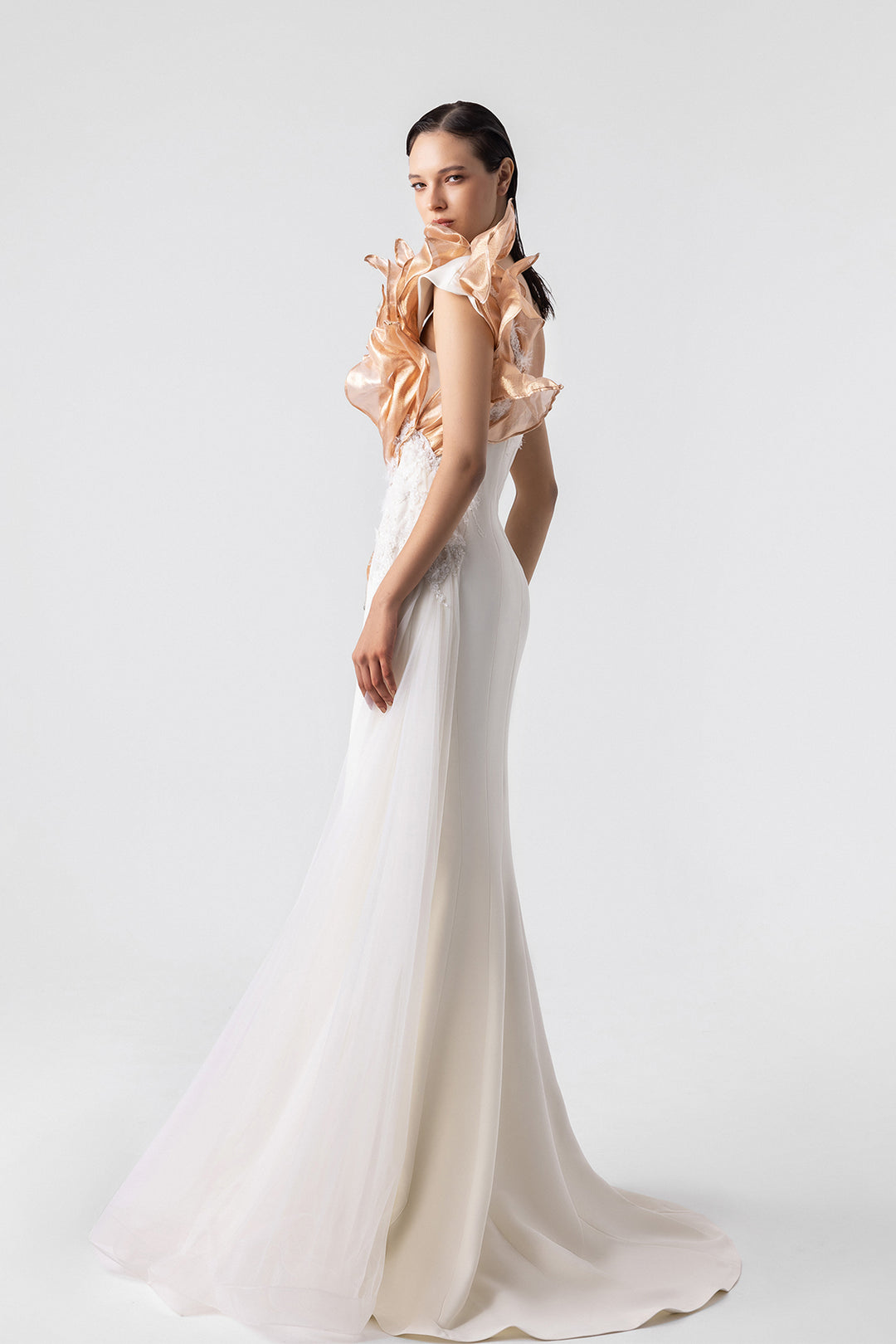 One-Shoulder Mermaid Dress with Sheer Tulle Bronze & Off-white / US 16
