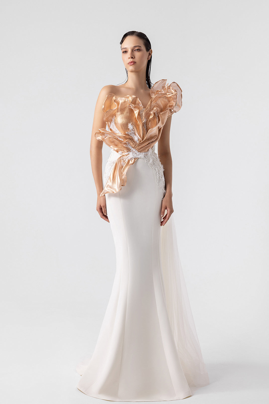 Crepe Mermaid Dress With Bronze Petals Off-White / US 16 Crepe Mermaid Dress With Bronze Petals Off-White / US 16