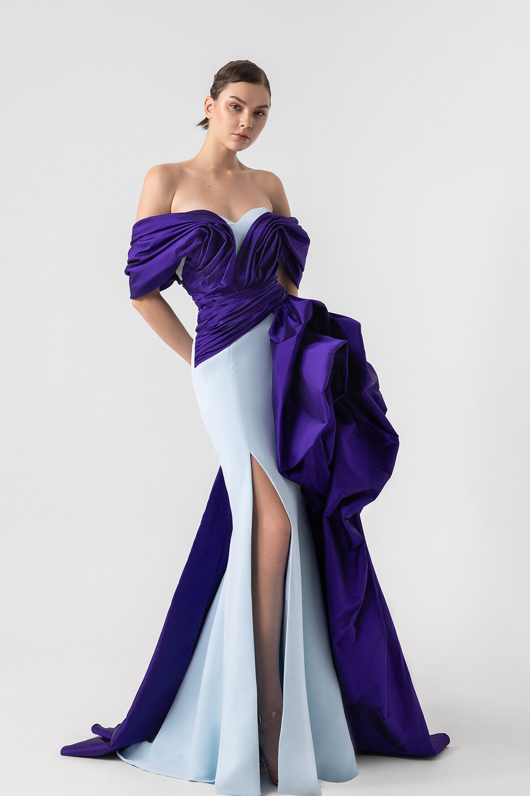 Dramatic Dual Tone Off Shoulder Dress Light Blue / US 10 Dramatic Dual Tone Off Shoulder Dress Light Blue / US 10