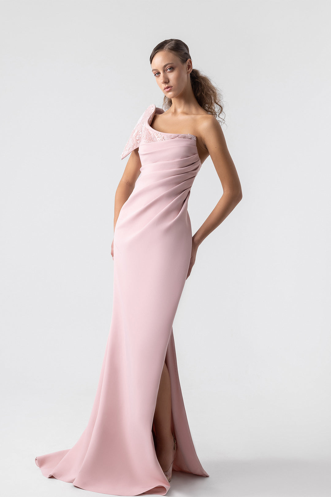 one shoulder crepe dress One Shoulder Crepe Dress With Wiring Outline Yellow / 42 / Rosalia Crepe
