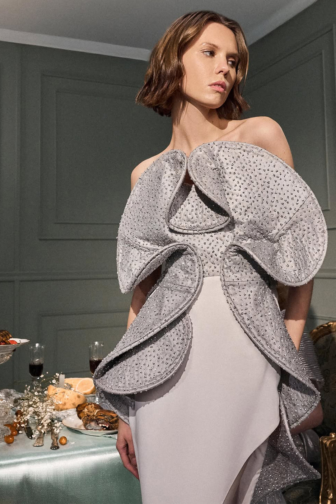 Sculptural Overlay Crepe Dress with High Slit