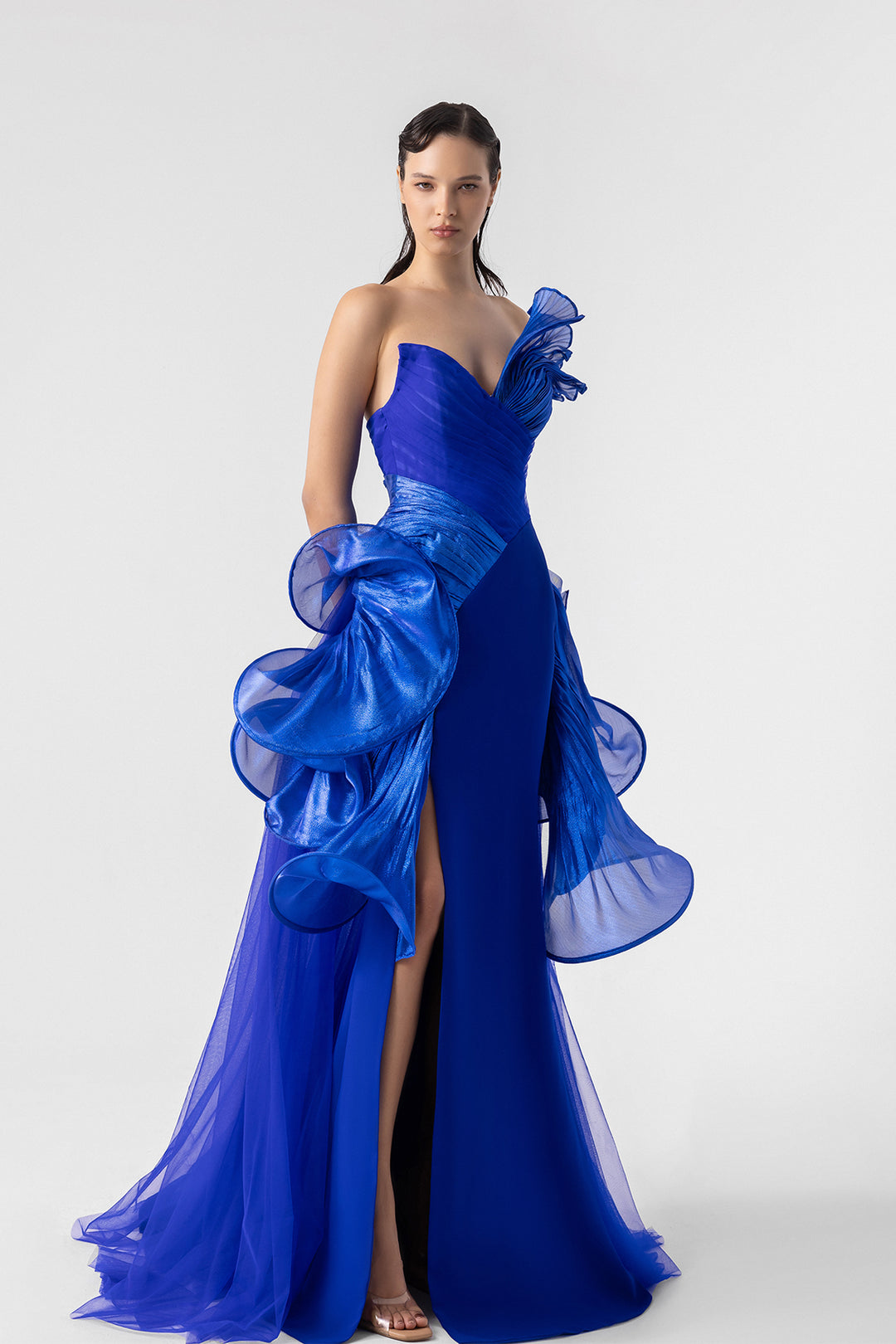 Crepe And Organza Gown With Vivid Pleats Blue / US 16 Crepe And Organza Gown With Vivid Pleats Blue / US 16
